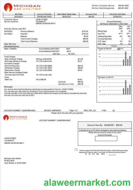 USA Michigan Gas Utilities utility bill template in Word and PDF format version 2